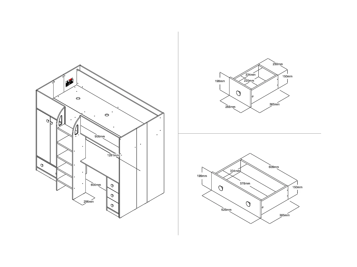 Hochbett mit Kleiderschrank & Schreibtisch - 90 x 190 cm - Weiß & Holzfarben + Matratze - CINAMO