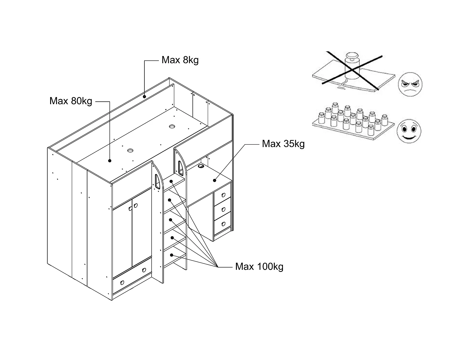 Hochbett mit Kleiderschrank & Schreibtisch - 90 x 190 cm - Weiß & Holzfarben + Matratze - CINAMO