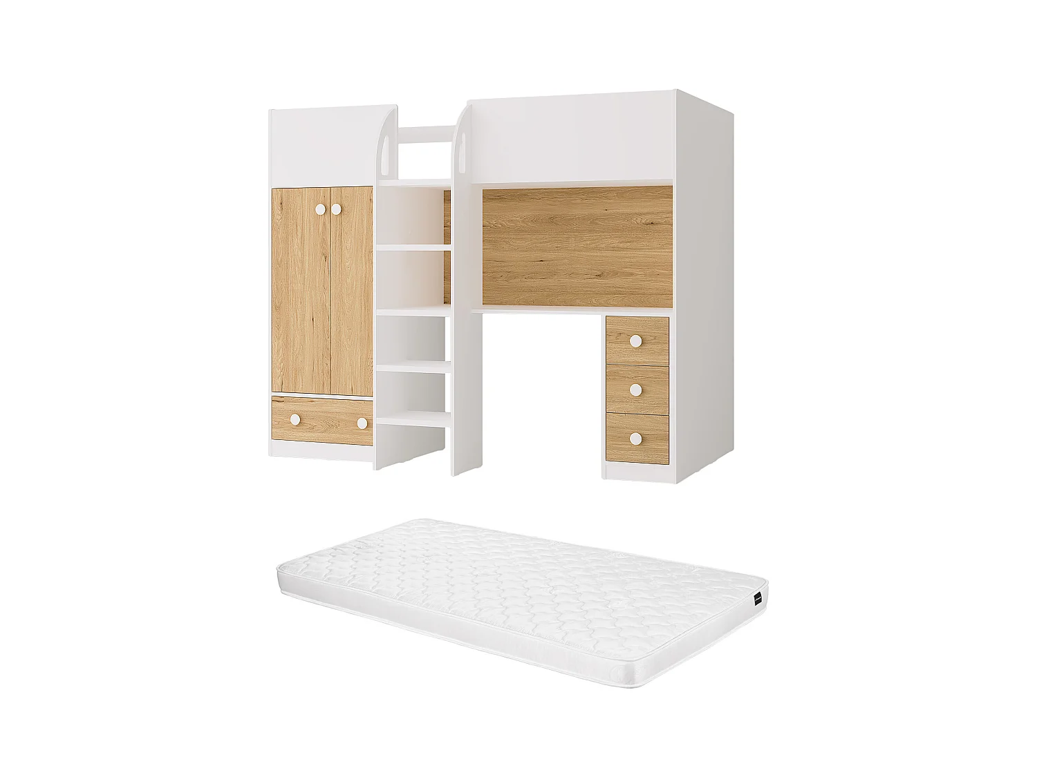 Hochbett mit Kleiderschrank & Schreibtisch - 90 x 190 cm - Weiß & Holzfarben + Matratze - CINAMO