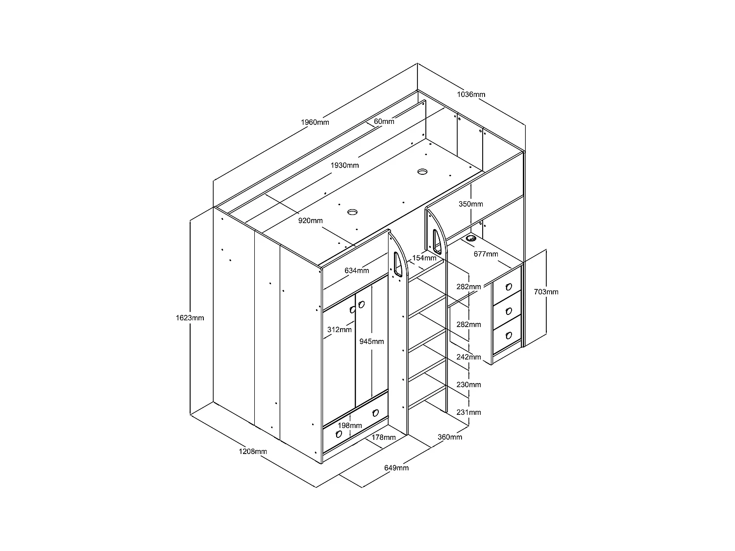 Hochbett mit Kleiderschrank & Schreibtisch - 90 x 190 cm - Weiß & Holzfarben + Matratze - CINAMO