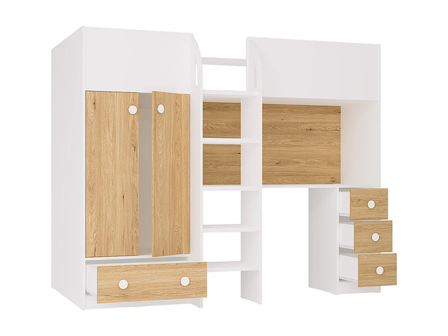 Hochbett mit Kleiderschrank & Schreibtisch - 90 x 190 cm - Weiß & Holzfarben + Matratze - CINAMO