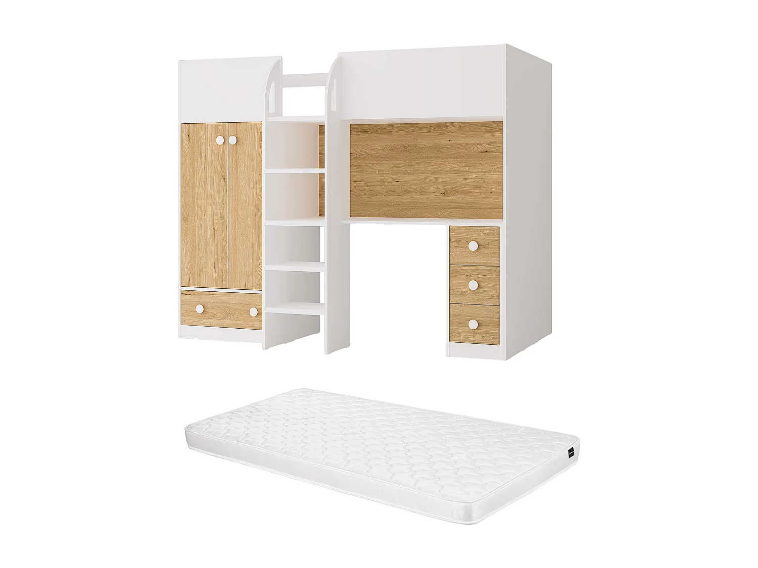 Hochbett mit Kleiderschrank & Schreibtisch - 90 x 190 cm - Weiß & Holzfarben + Matratze - CINAMO