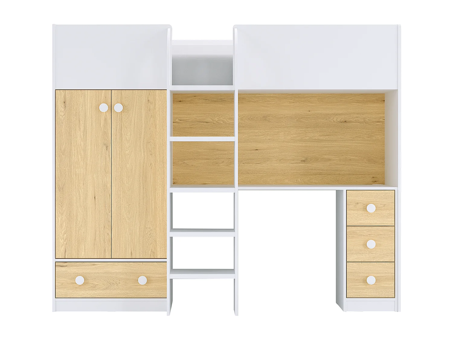 Hochbett mit Kleiderschrank & Schreibtisch - 90 x 190 cm - Weiß & Holzfarben + Matratze - CINAMO