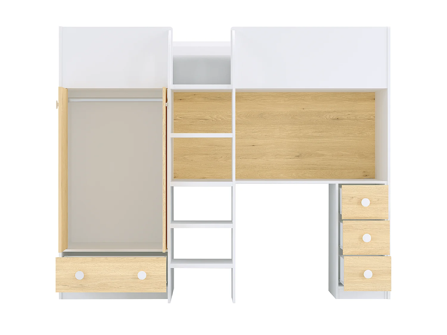 Hochbett mit Kleiderschrank & Schreibtisch - 90 x 190 cm - Weiß & Holzfarben + Matratze - CINAMO