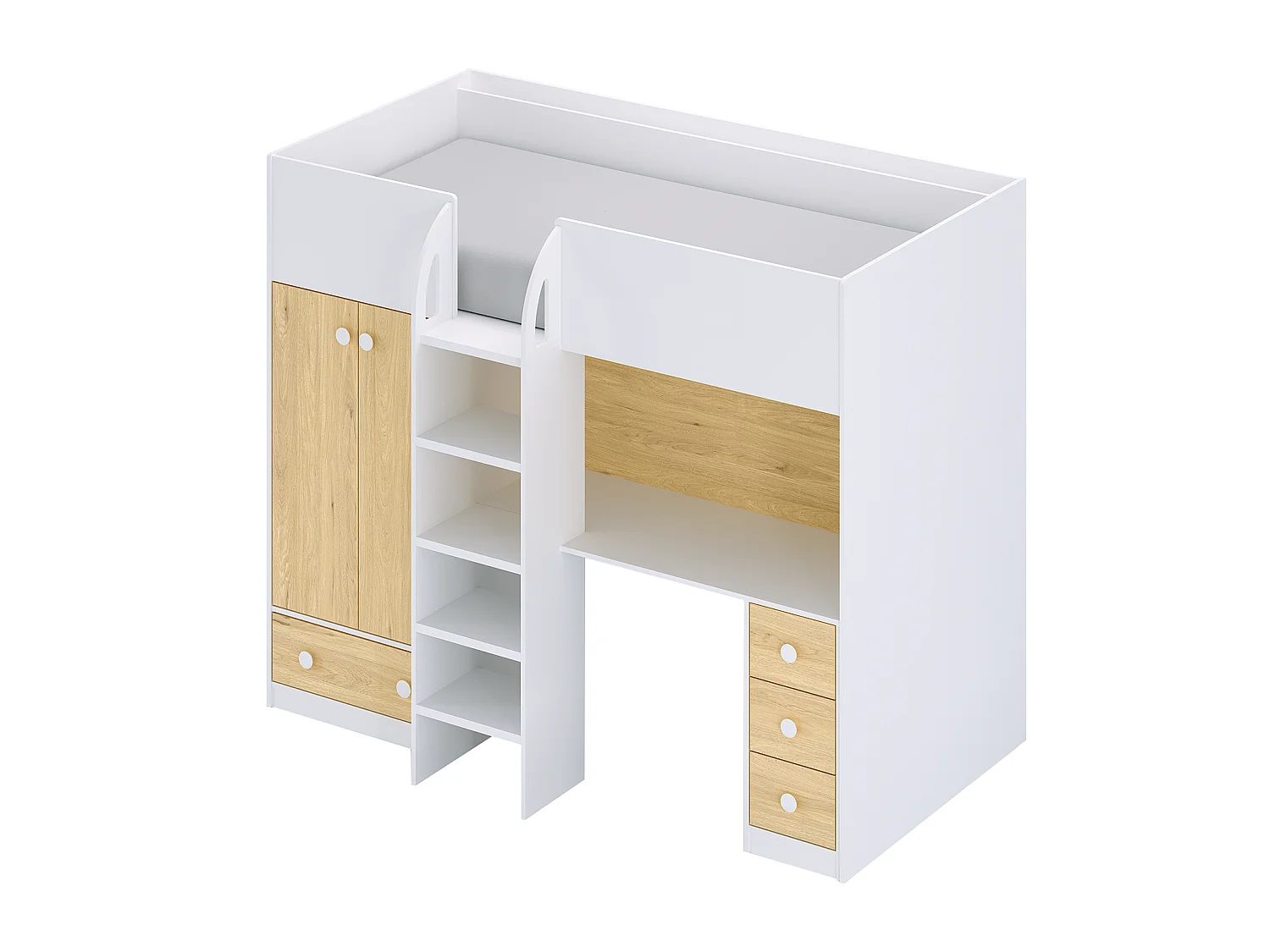 Hochbett mit Kleiderschrank & Schreibtisch - 90 x 190 cm - Weiß & Holzfarben + Matratze - CINAMO