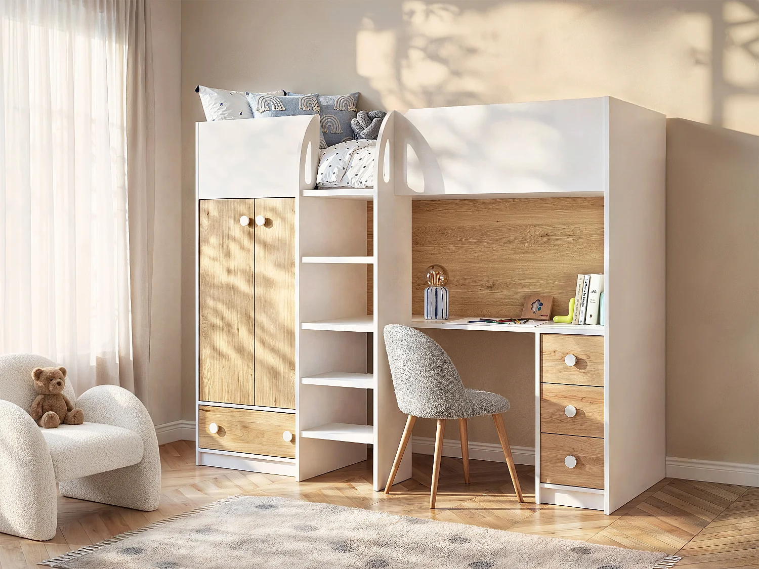 Letto a soppalco 90 x 190 cm con armadio e scrivania Bianco e Naturale + Materasso - CINAMO