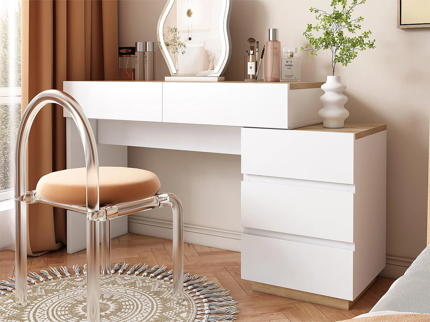 Coiffeuse moderne avec 5 tiroirs - en panneaux de particules - Blanc