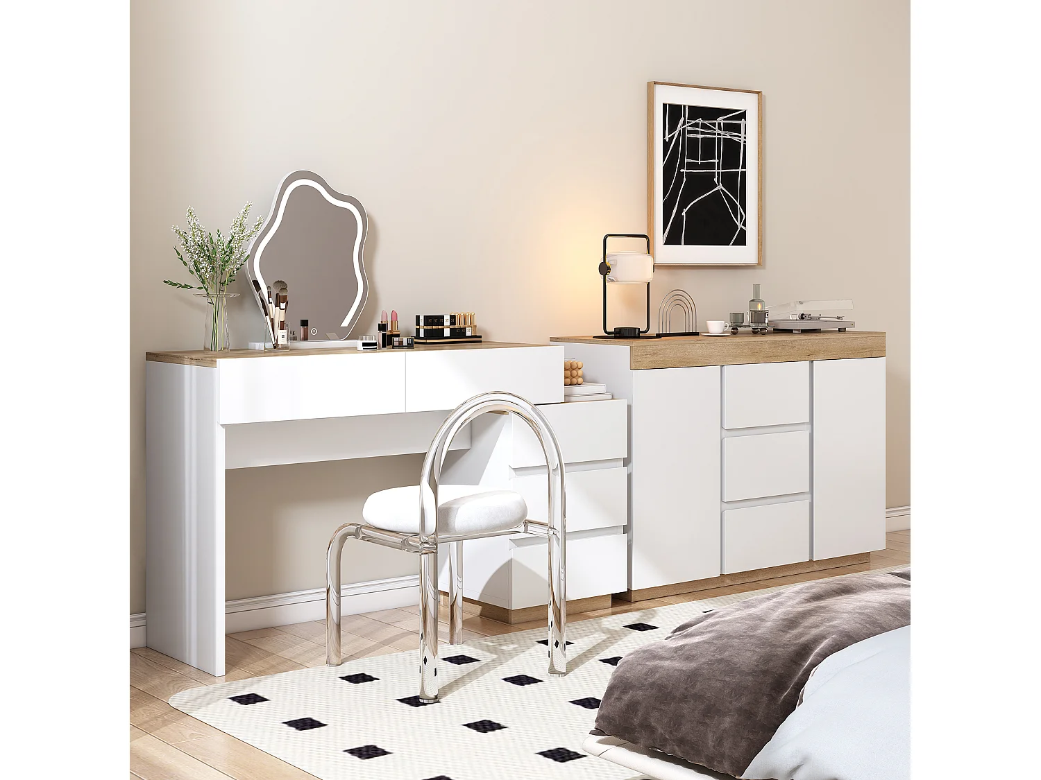 Coiffeuse moderne avec 5 tiroirs - en panneaux de particules - Blanc