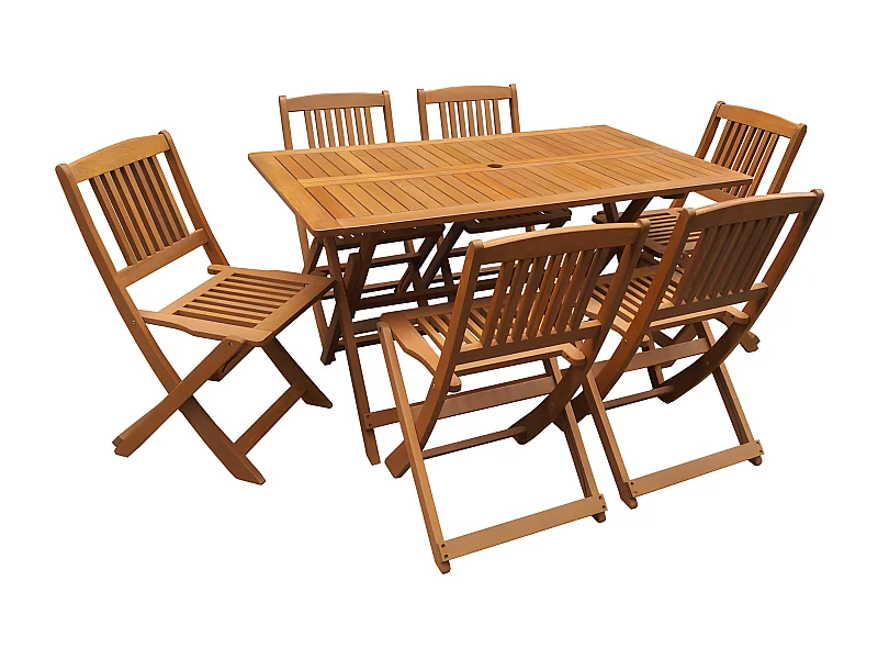 Salon de jardin bois exotique "Hongkong" - Table pliante + 6 chaises pliantes