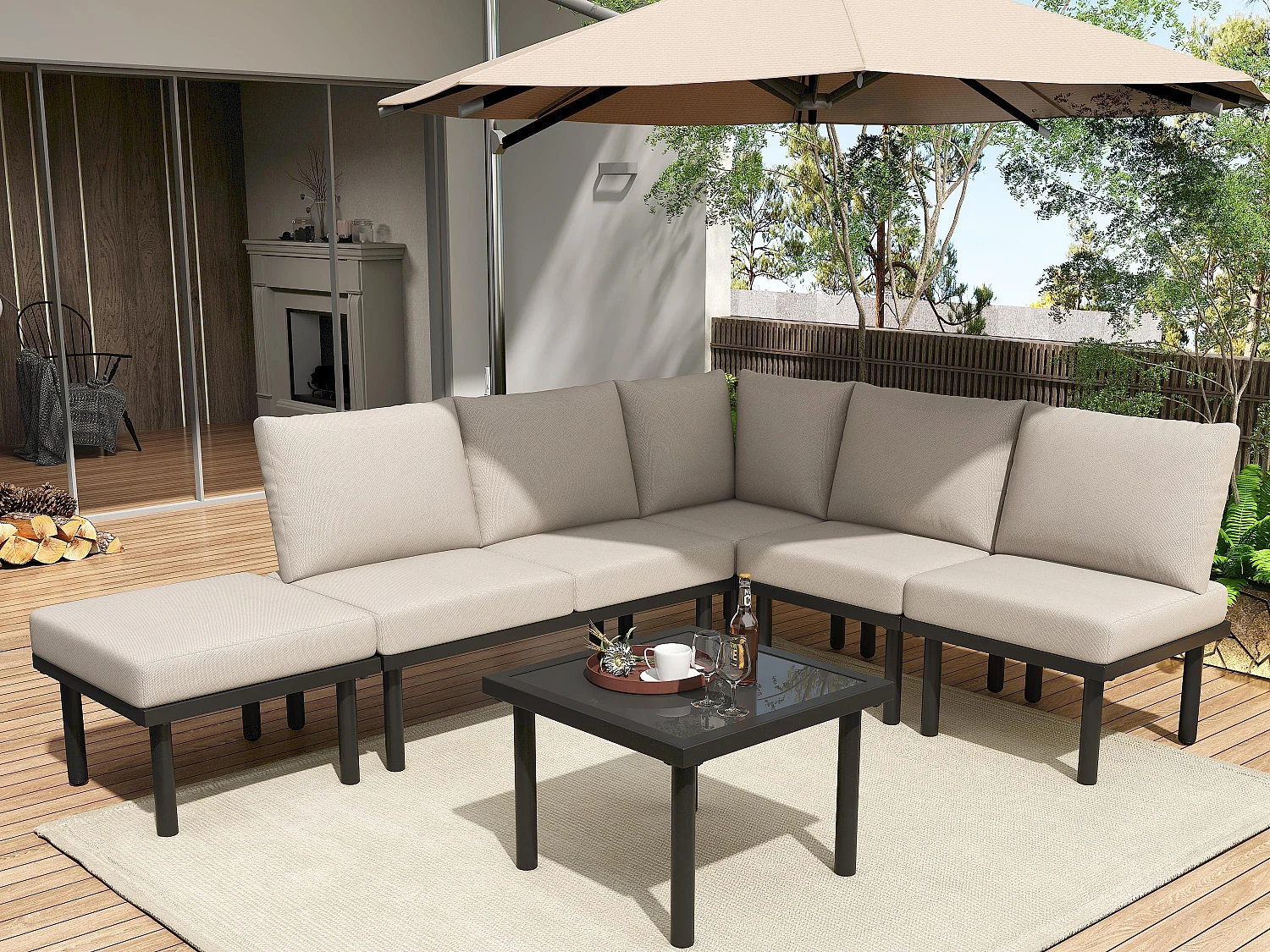 Modulair tuinmeubel in gegalvaniseerd staal - geschikt voor 6 personen - versierd met touw - Beige