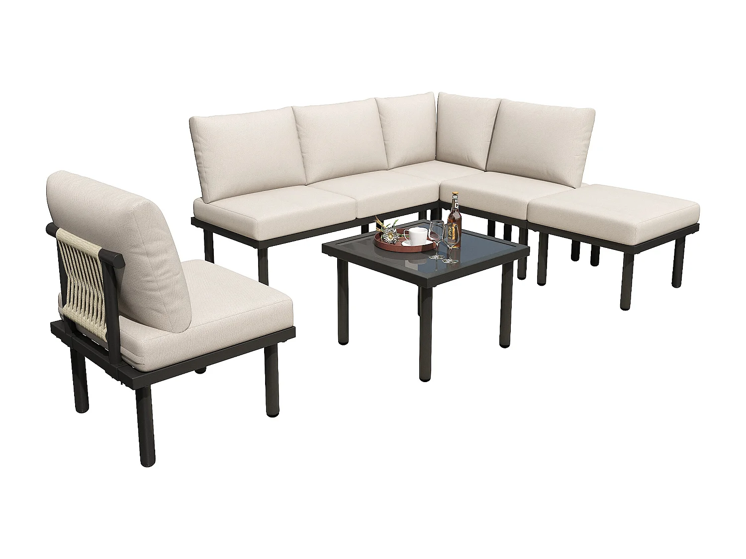 Modulair tuinmeubel in gegalvaniseerd staal - geschikt voor 6 personen - versierd met touw - Beige