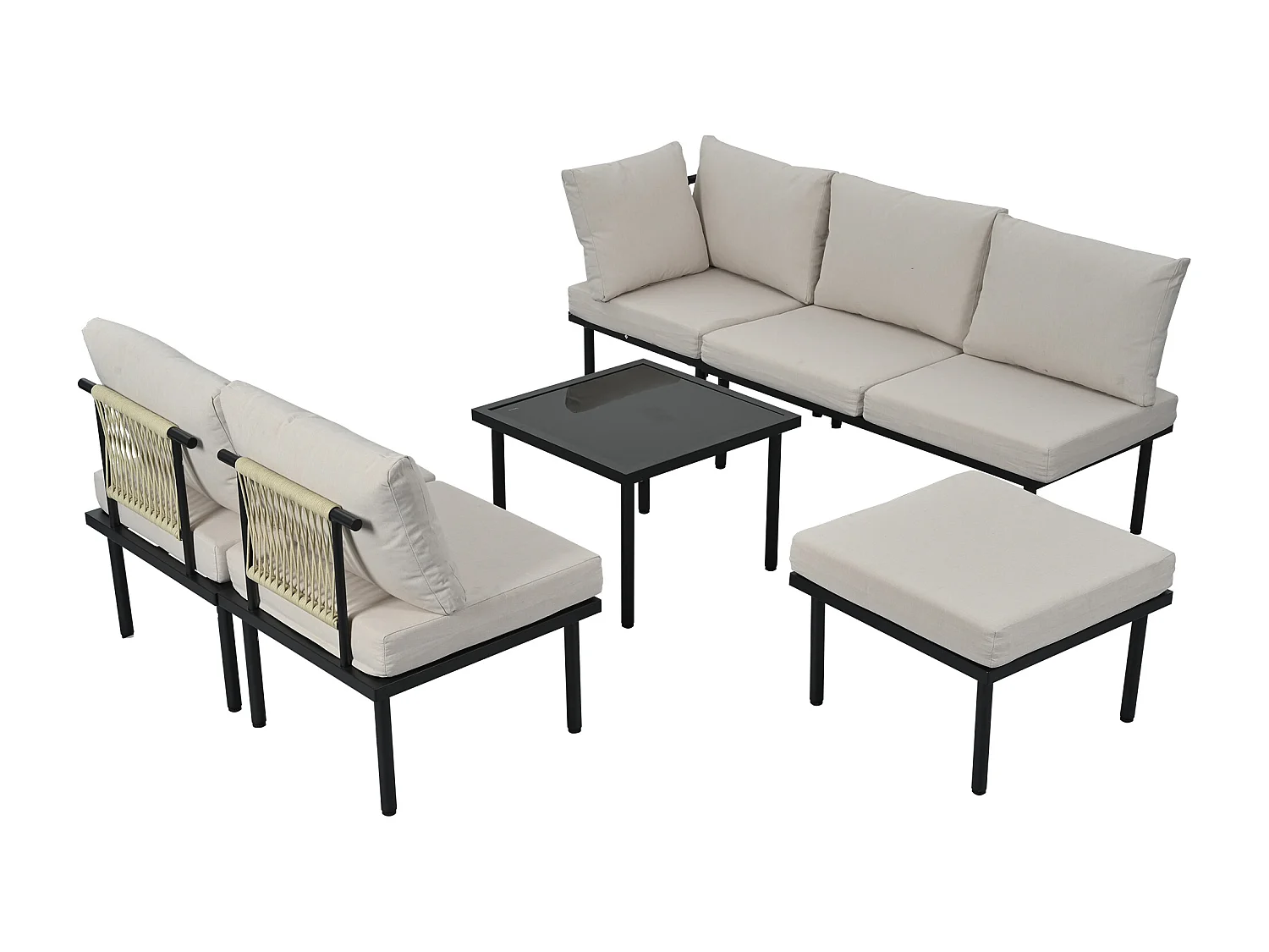 Modulair tuinmeubel in gegalvaniseerd staal - geschikt voor 6 personen - versierd met touw - Beige