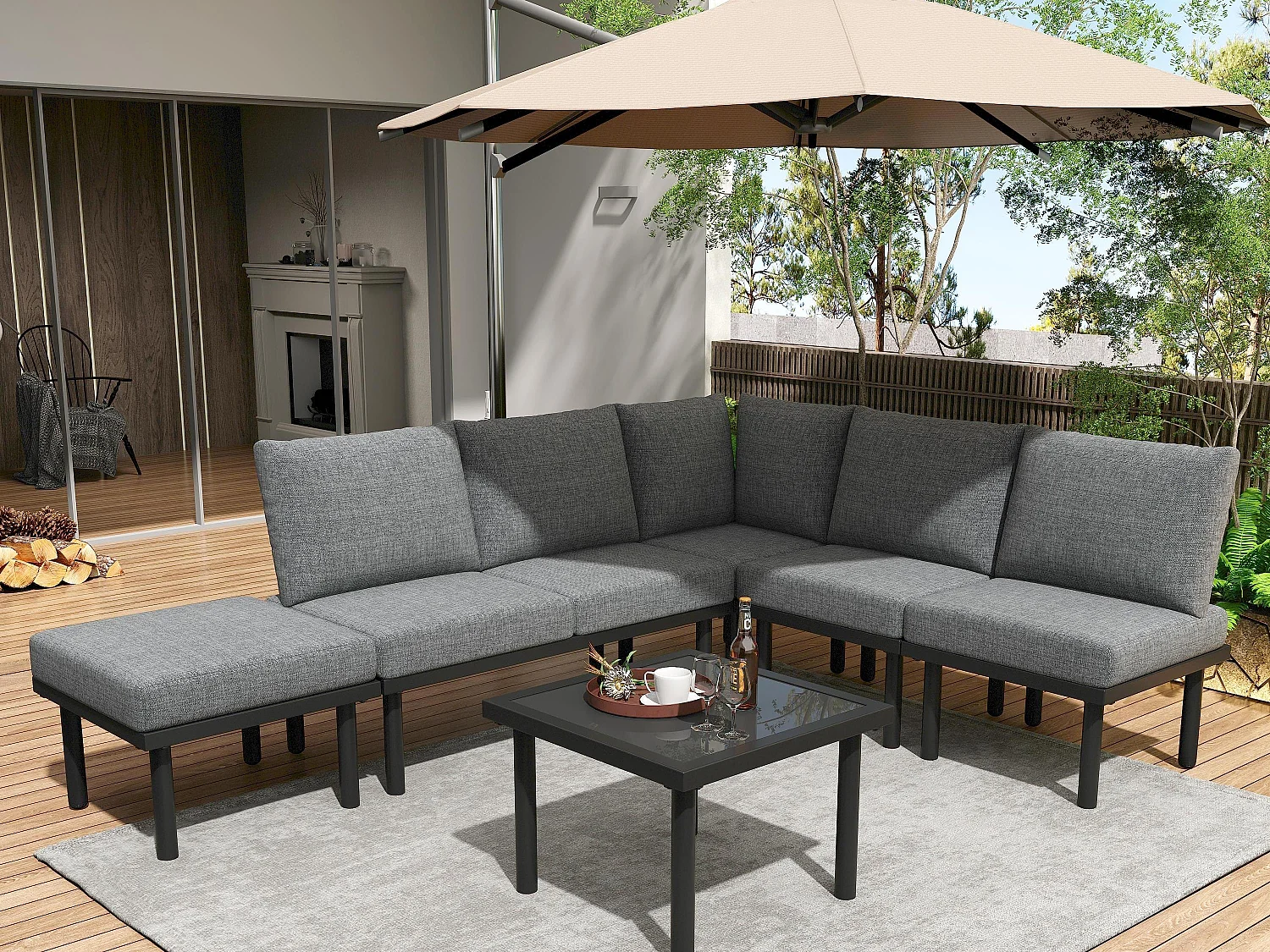Modulair tuinmeubel in gegalvaniseerd staal - geschikt voor 6 personen - versierd met touw - Grijs