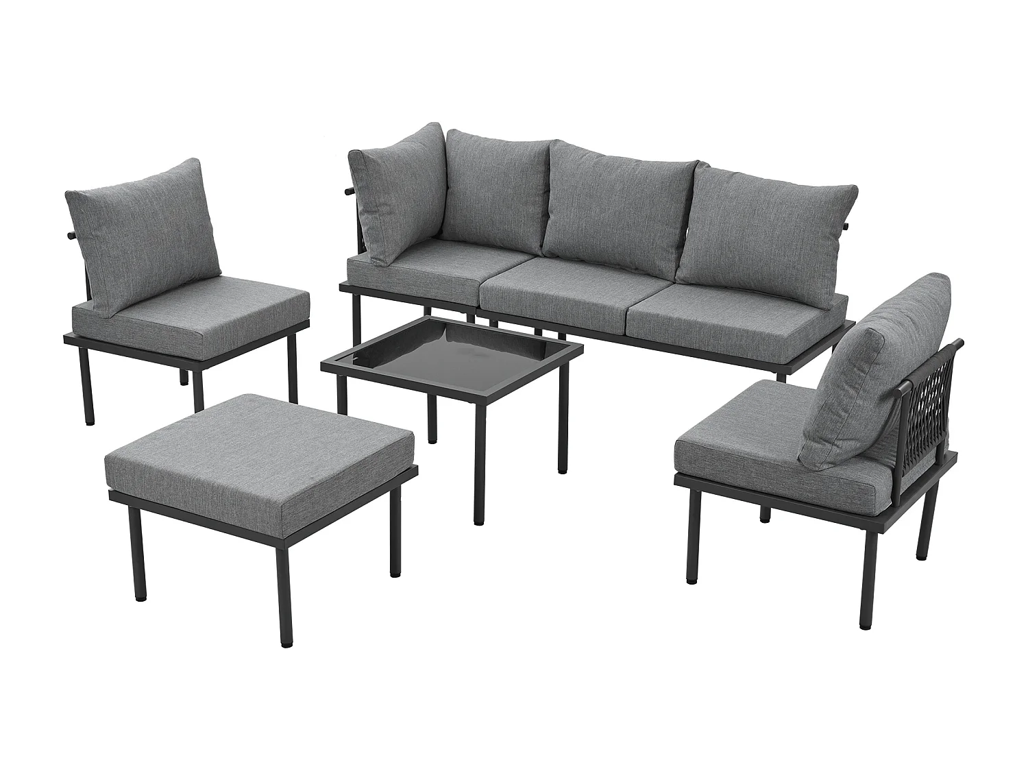 Modulair tuinmeubel in gegalvaniseerd staal - geschikt voor 6 personen - versierd met touw - Grijs