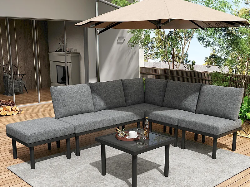 Modulair tuinmeubel in gegalvaniseerd staal - geschikt voor 6 personen - versierd met touw - Grijs