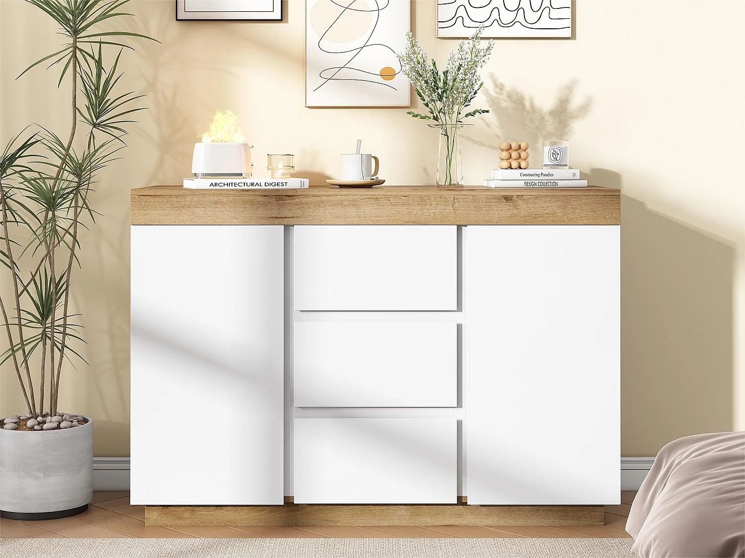 Commode moderne avec 3 tiroirs et 2 portes - en panneaux de particules - Blanc