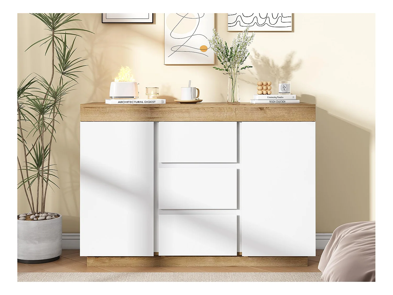 Commode moderne avec 3 tiroirs et 2 portes - en panneaux de particules - Blanc