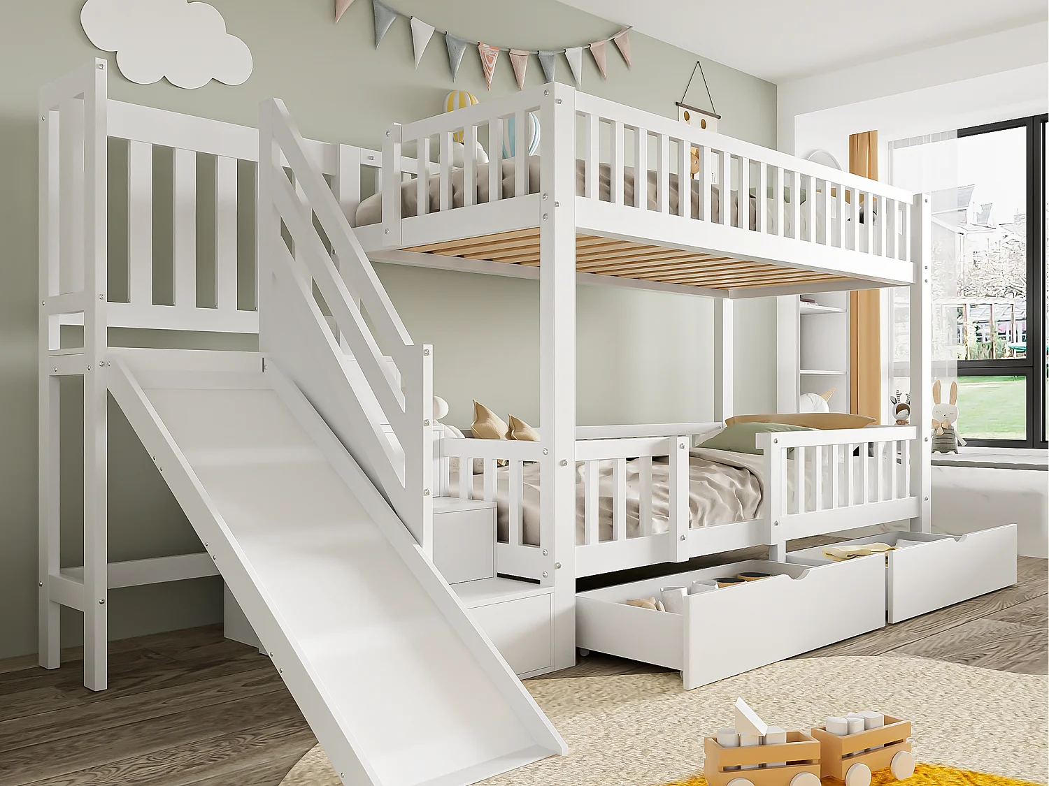 Lit superposé en bois et MDF - 90x200 cm - avec toboggan et escalier - Blanc(sans matelas)