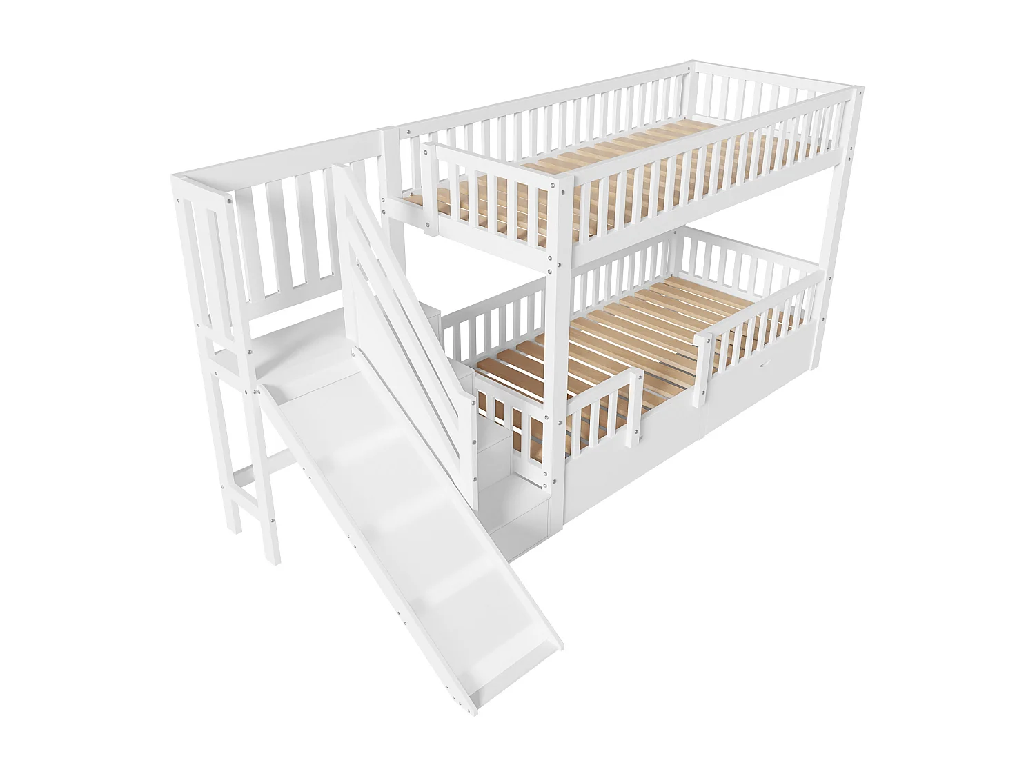 Lit superposé en bois et MDF - 90x200 cm - avec toboggan et escalier - Blanc(sans matelas)