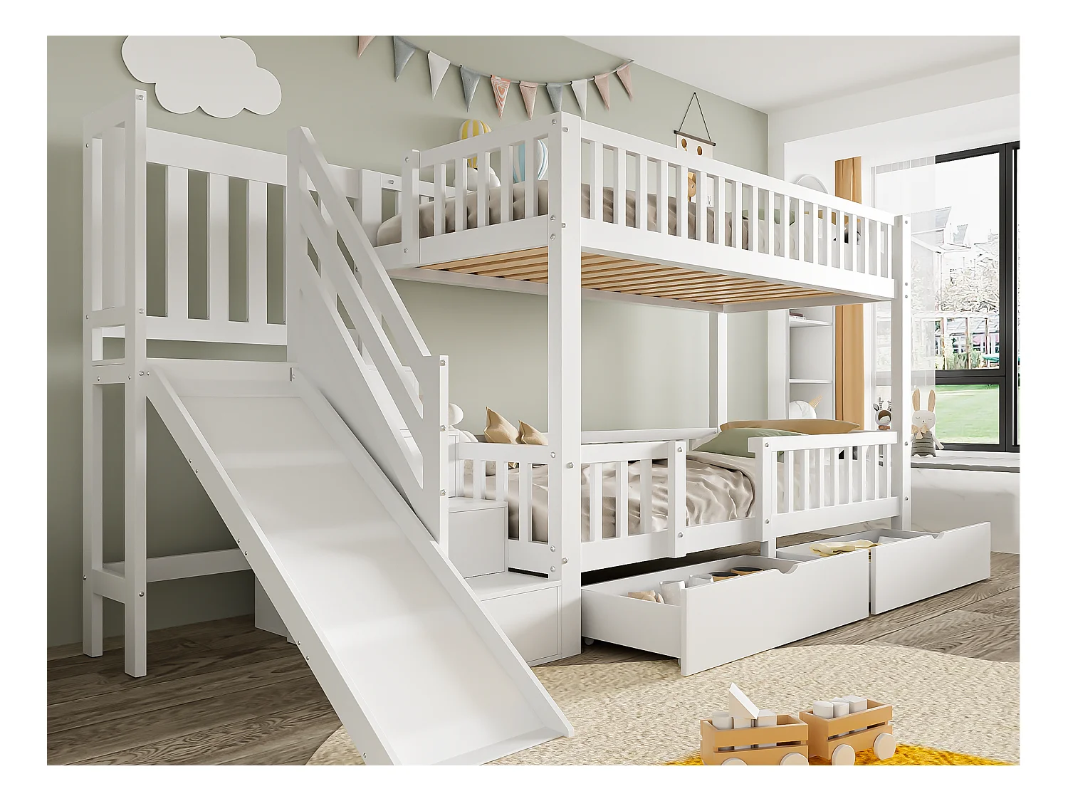 Lit superposé en bois et MDF - 90x200 cm - avec toboggan et escalier - Blanc(sans matelas)