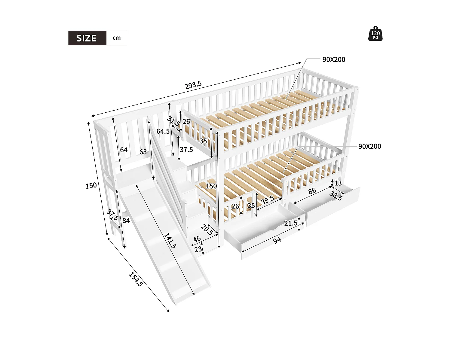 Stapelbed in hout en MDF - 90x200 cm - met glijbaan en trap - Wit (zonder matras)