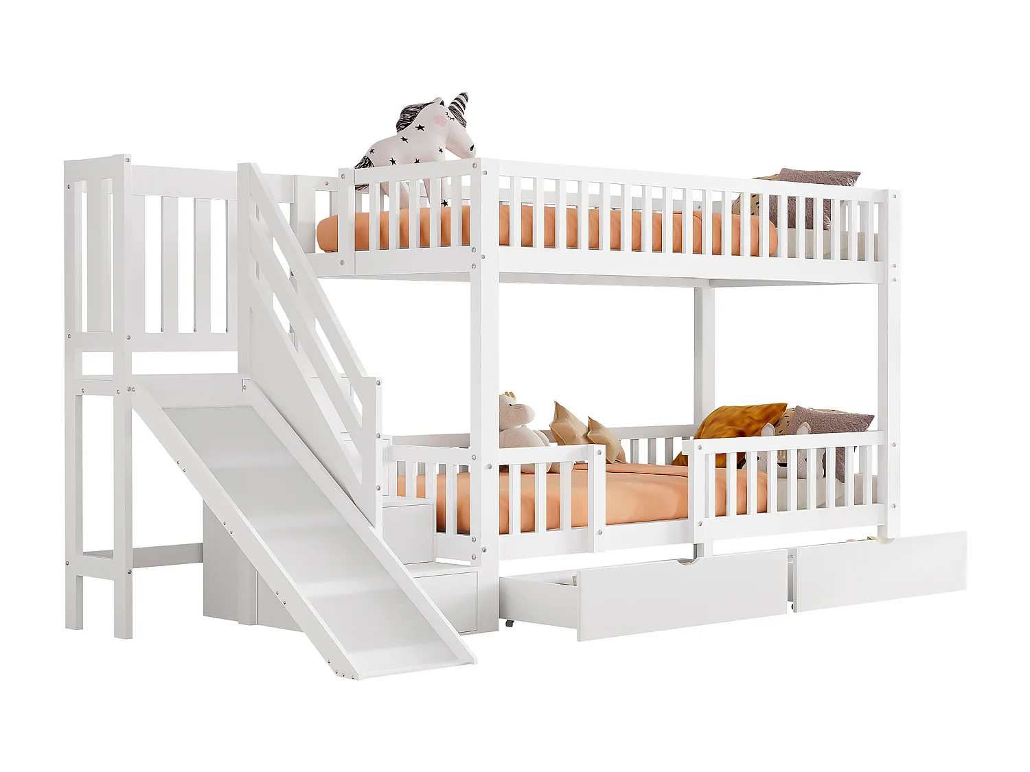 Stapelbed in hout en MDF - 90x200 cm - met glijbaan en trap - Wit (zonder matras)