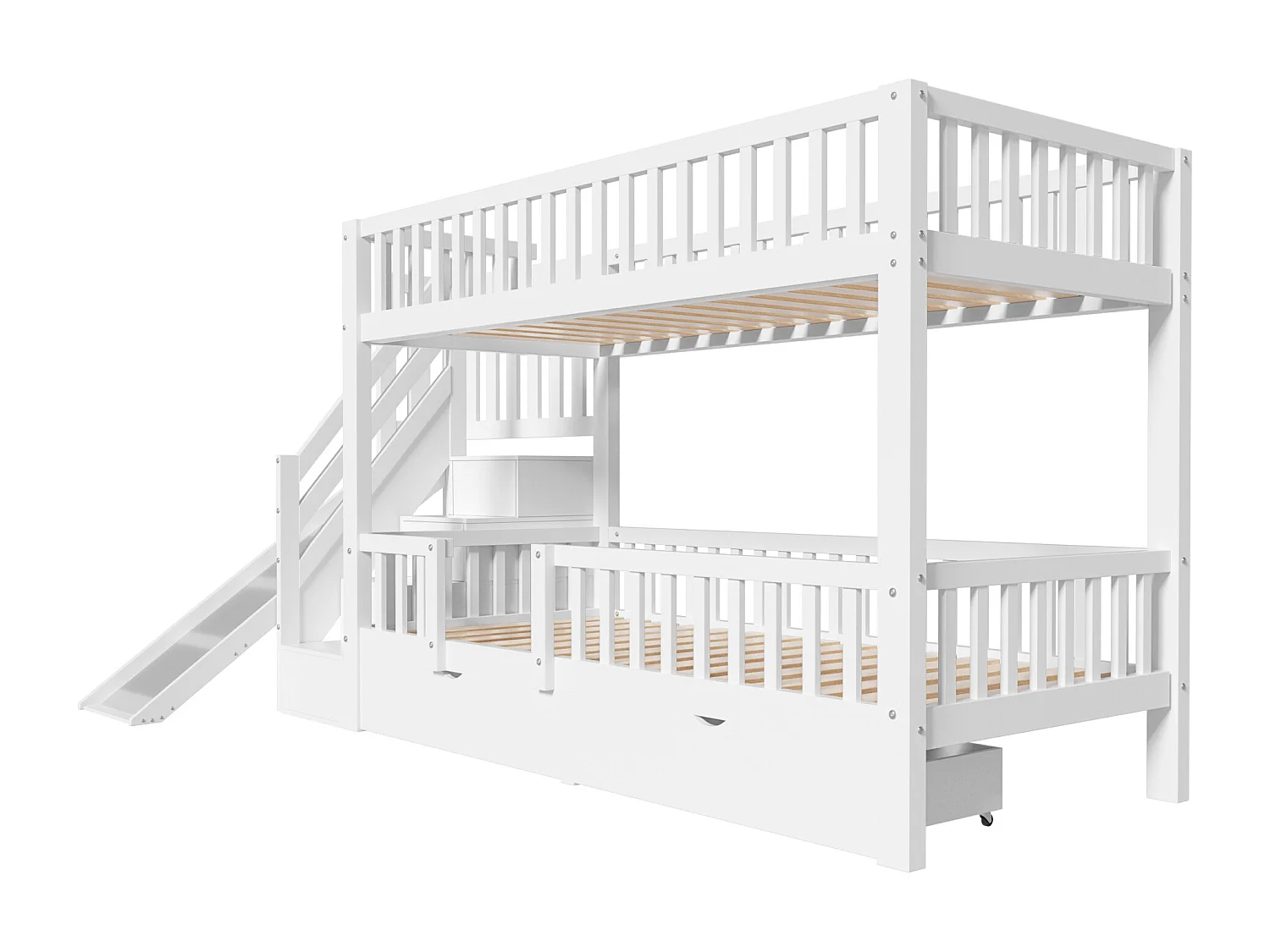 Stapelbed in hout en MDF - 90x200 cm - met glijbaan en trap - Wit (zonder matras)