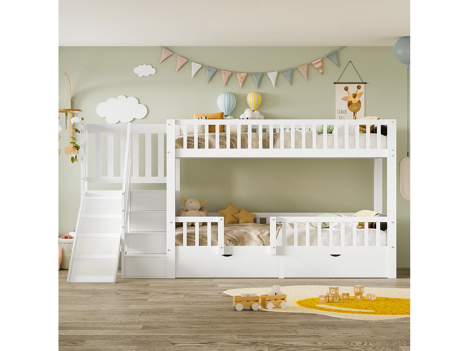 Lit superposé en bois et MDF - 90x200 cm - avec toboggan et escalier - Blanc(sans matelas)