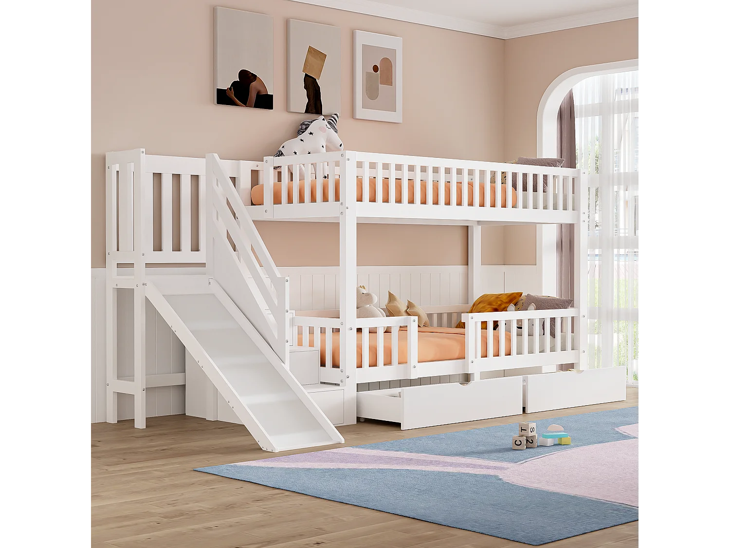 Lit superposé en bois et MDF - 90x200 cm - avec toboggan et escalier - Blanc(sans matelas)