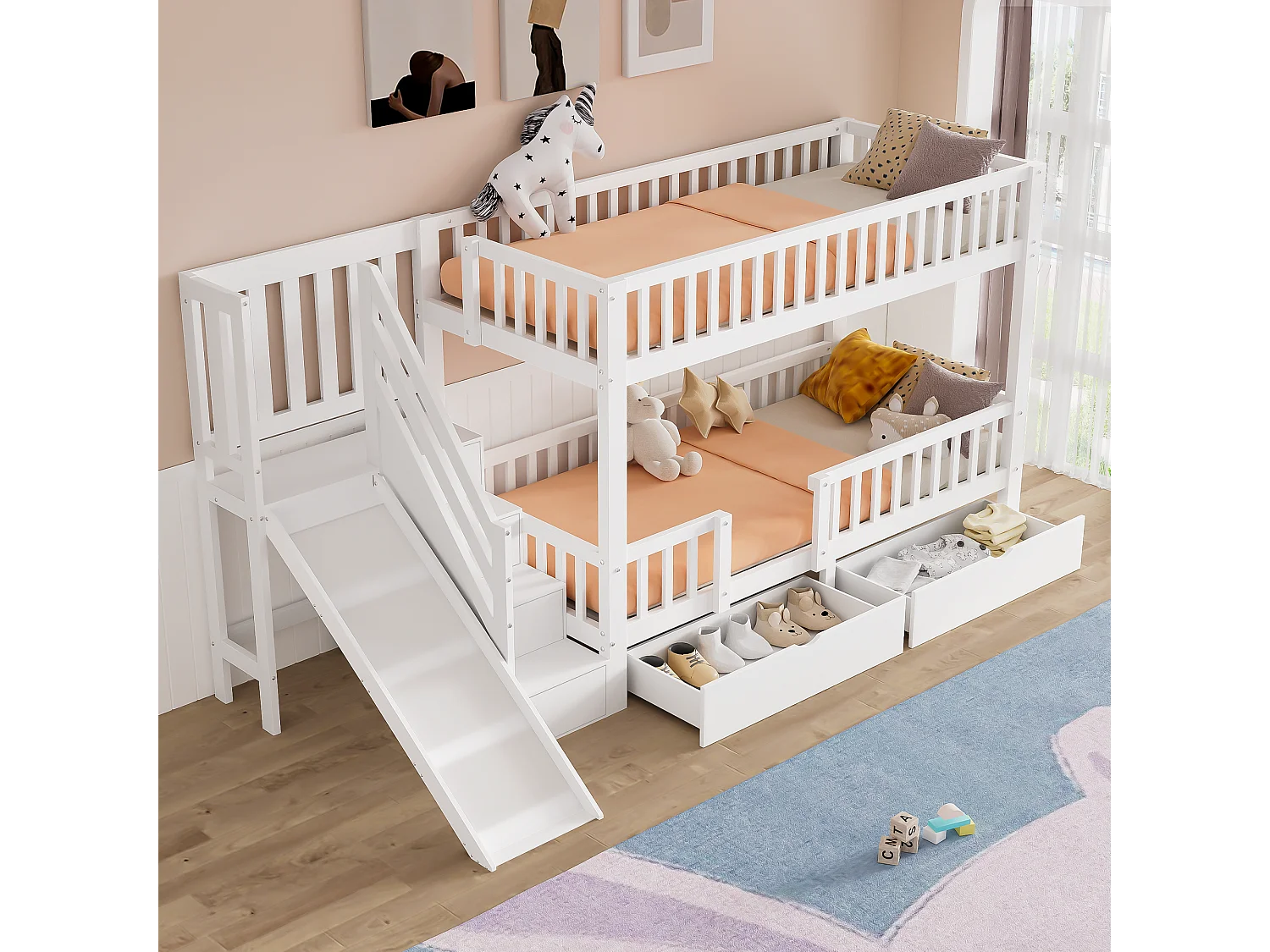 Lit superposé en bois et MDF - 90x200 cm - avec toboggan et escalier - Blanc(sans matelas)