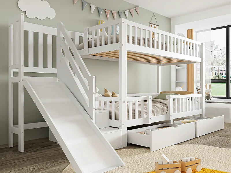 Etagenbett aus Holz und MDF – 90 x 200 cm – mit Rutsche und Treppe – Weiß (ohne Matratze)