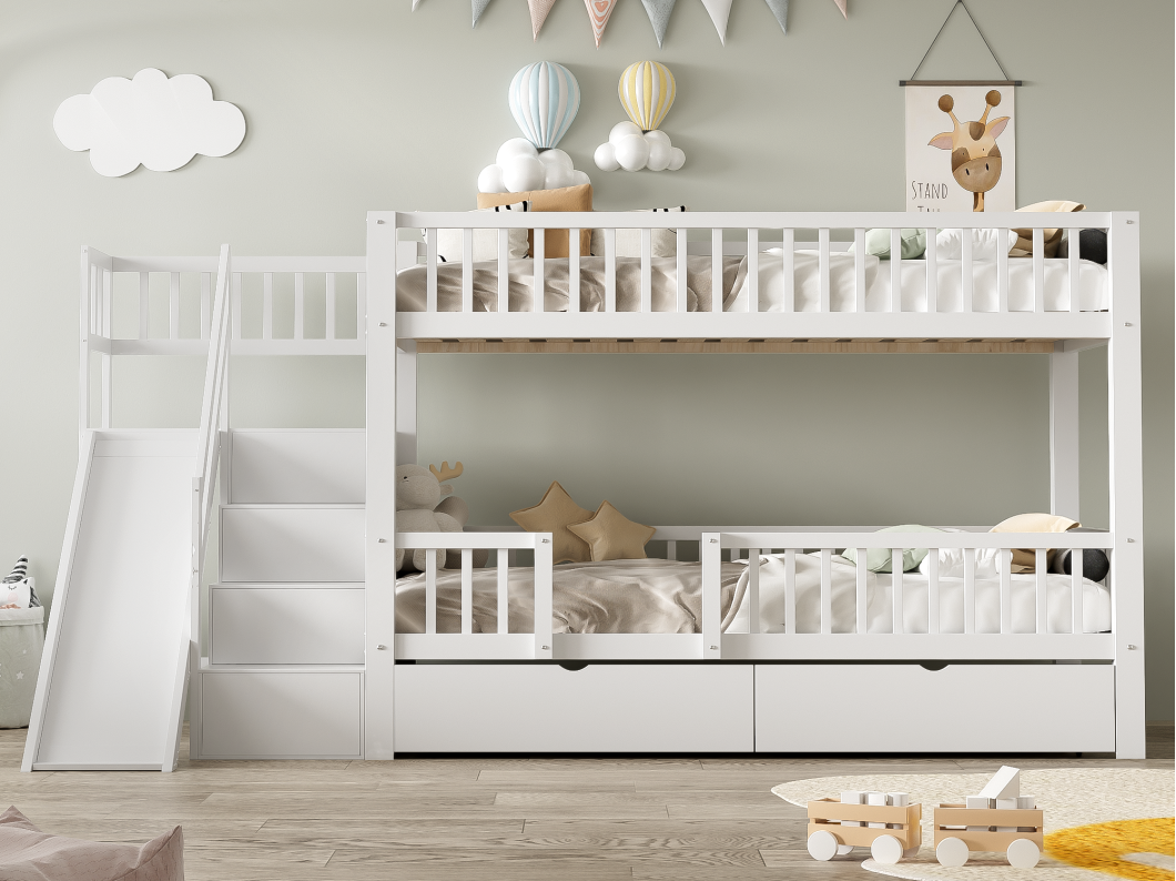 Letto a castello in legno e MDF - 90x200 cm - con scivolo e scala - Bianco (senza materasso)