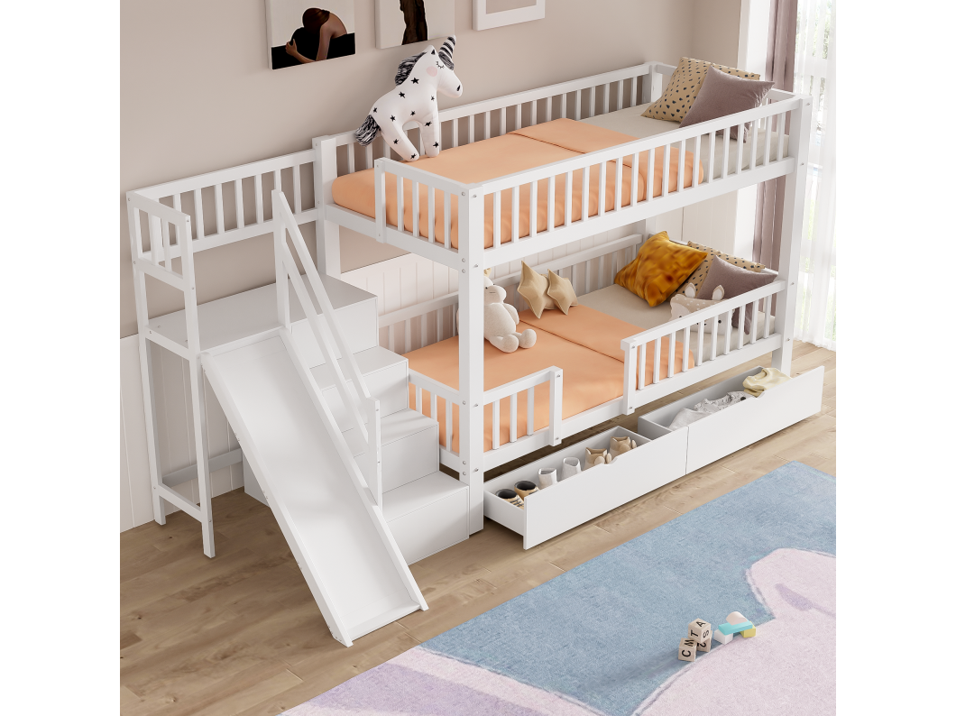 Litera de madera y MDF - 90x200 cm - con tobogán y escalera - Blanco (sin colchón)