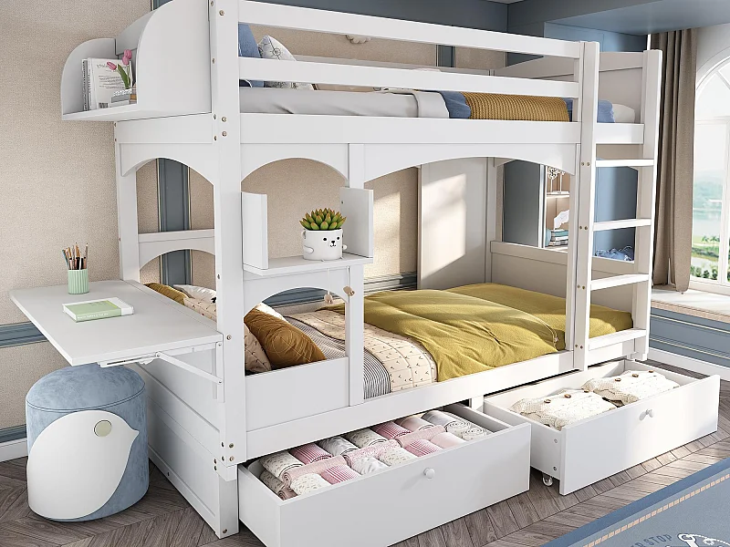 Etagenbett aus Holz und MDF – 90 x 200 cm – mit 2 Schubladen und klappbarem Schreibtisch – Weiß (ohne Matratze)