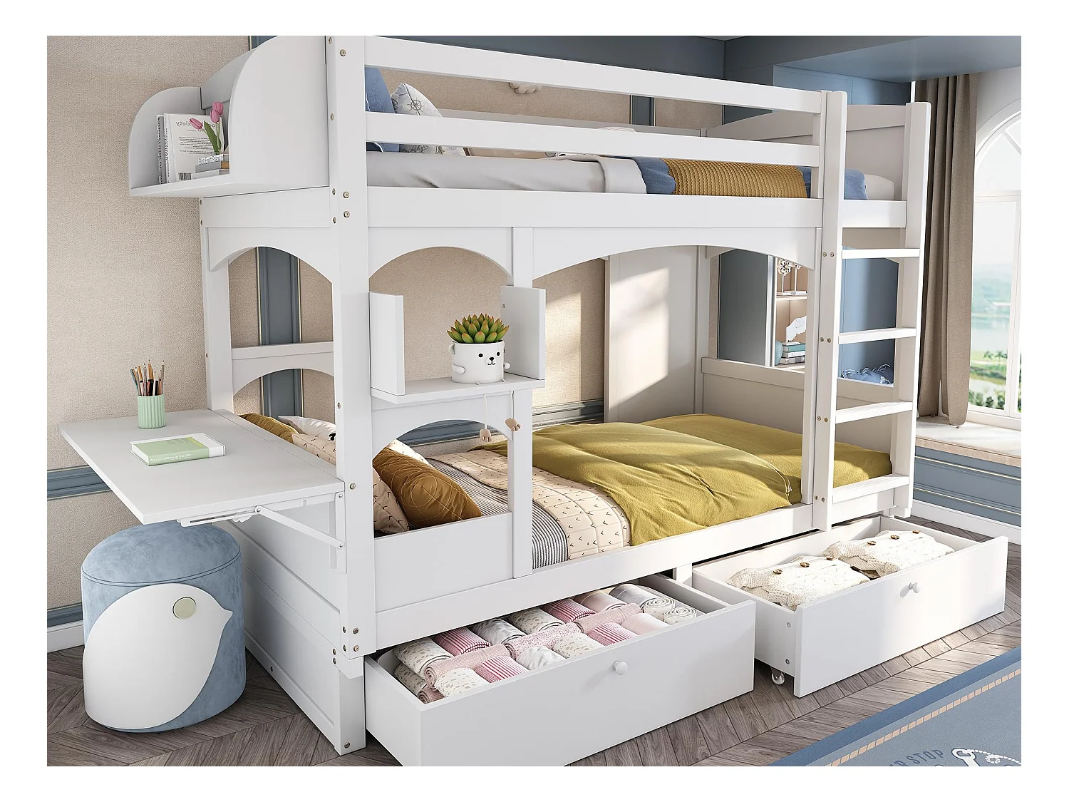 Stapelbed in hout en MDF - 90x200 cm - met 2 lades en opklapbaar bureau - Wit (zonder matras)