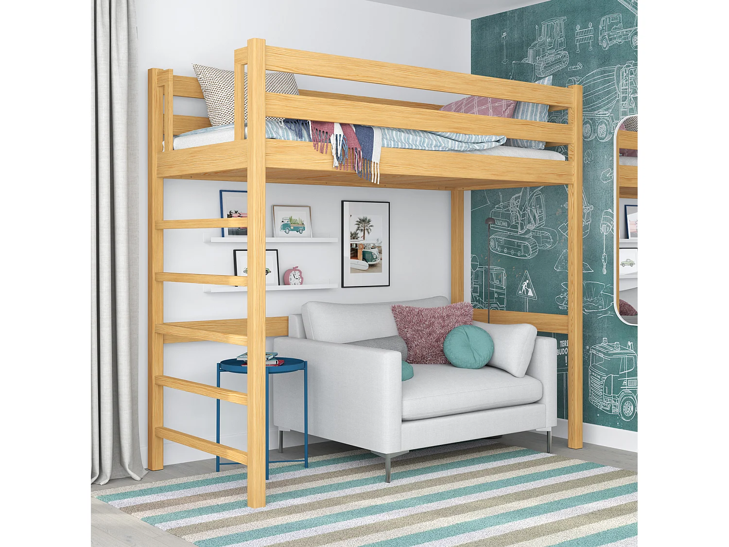 Lit mezzanine en bois N01 Pin Naturel 100x190