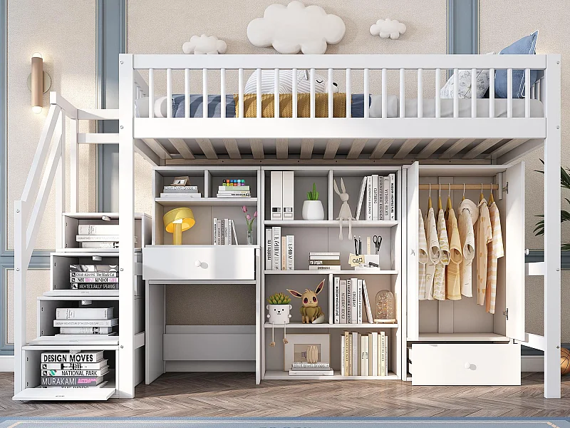 Lit mezzanine multifonctionnel en bois et MDF - 90x200 cm - avec escalier de rangement, bureau et armoire - Blanc(sans matelas)