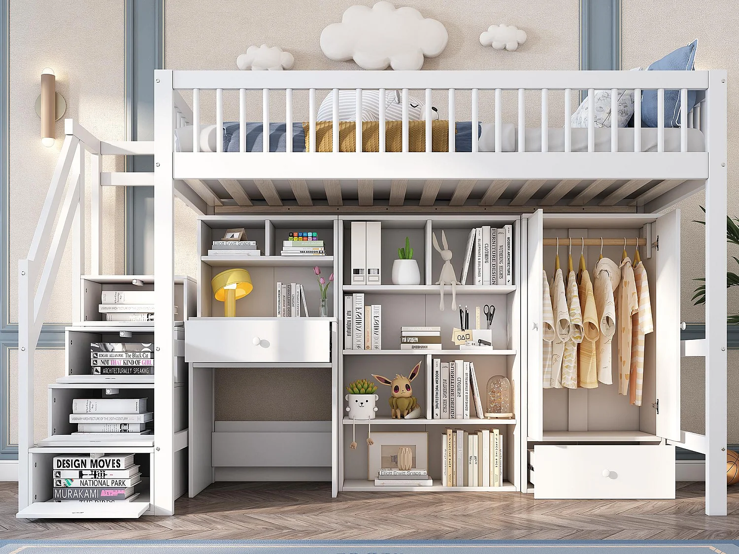 Multifunktionales Hochbett aus Holz und MDF – 90 x 200 cm – mit Stauraumtreppe, Schreibtisch und Kleiderschrank – Weiß (ohne Matratze)