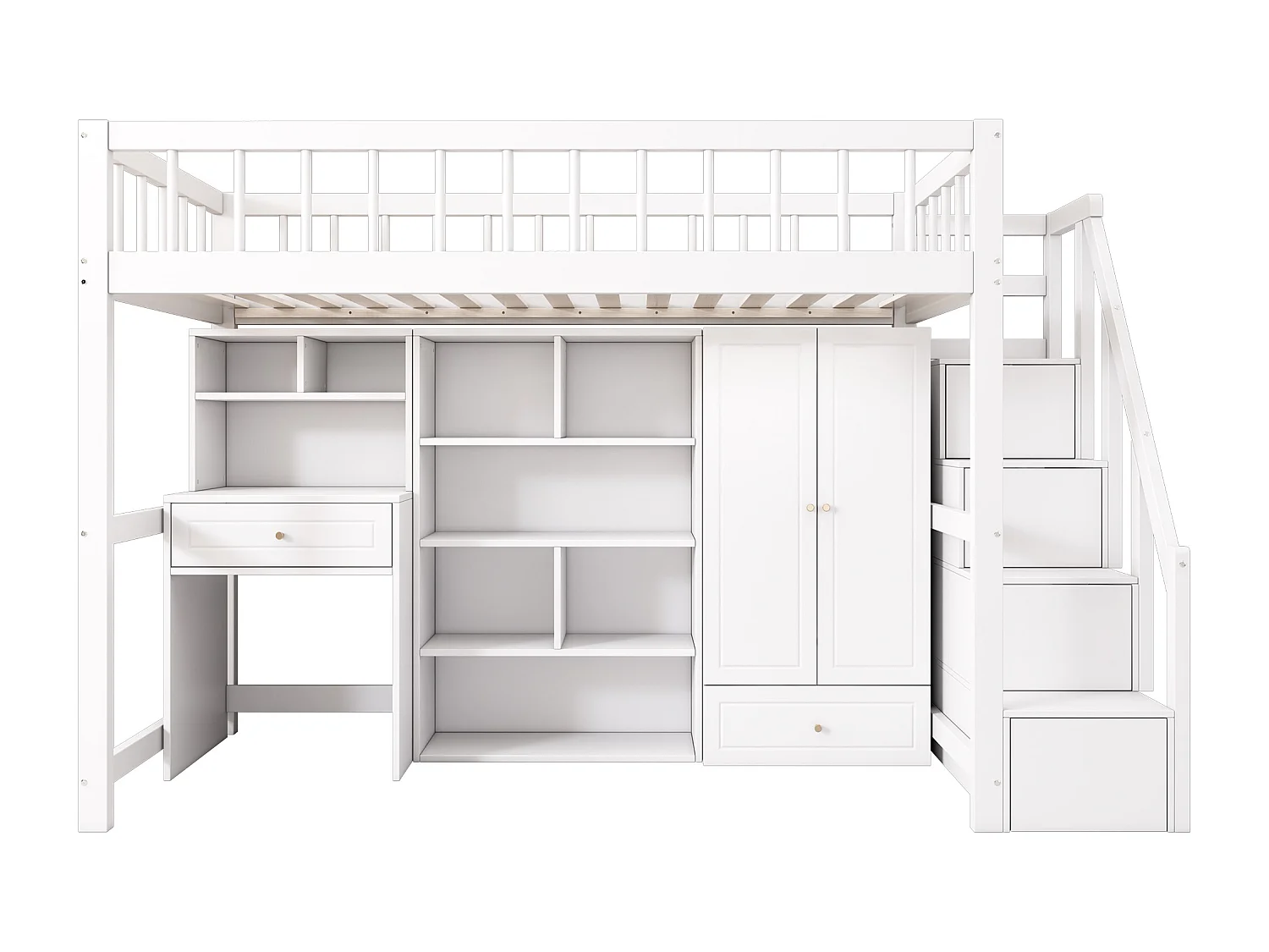 Multifunktionales Hochbett aus Holz und MDF – 90 x 200 cm – mit Stauraumtreppe, Schreibtisch und Kleiderschrank – Weiß (ohne Matratze)