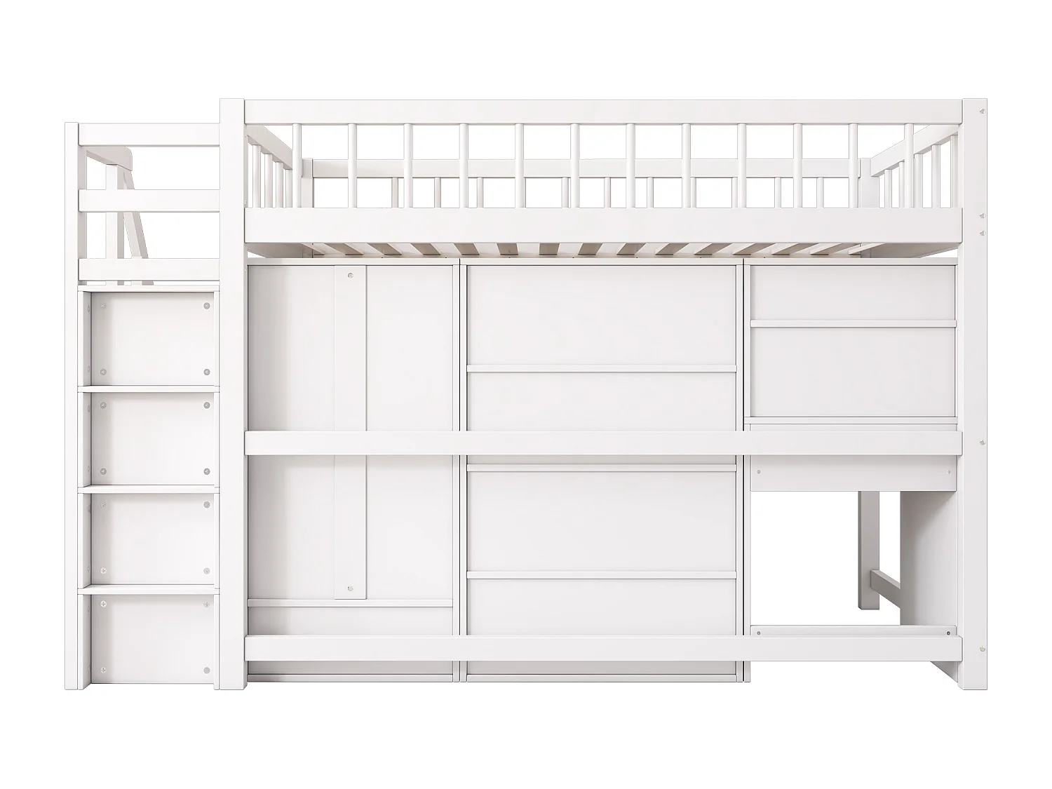 Multifunktionales Hochbett aus Holz und MDF – 90 x 200 cm – mit Stauraumtreppe, Schreibtisch und Kleiderschrank – Weiß (ohne Matratze)
