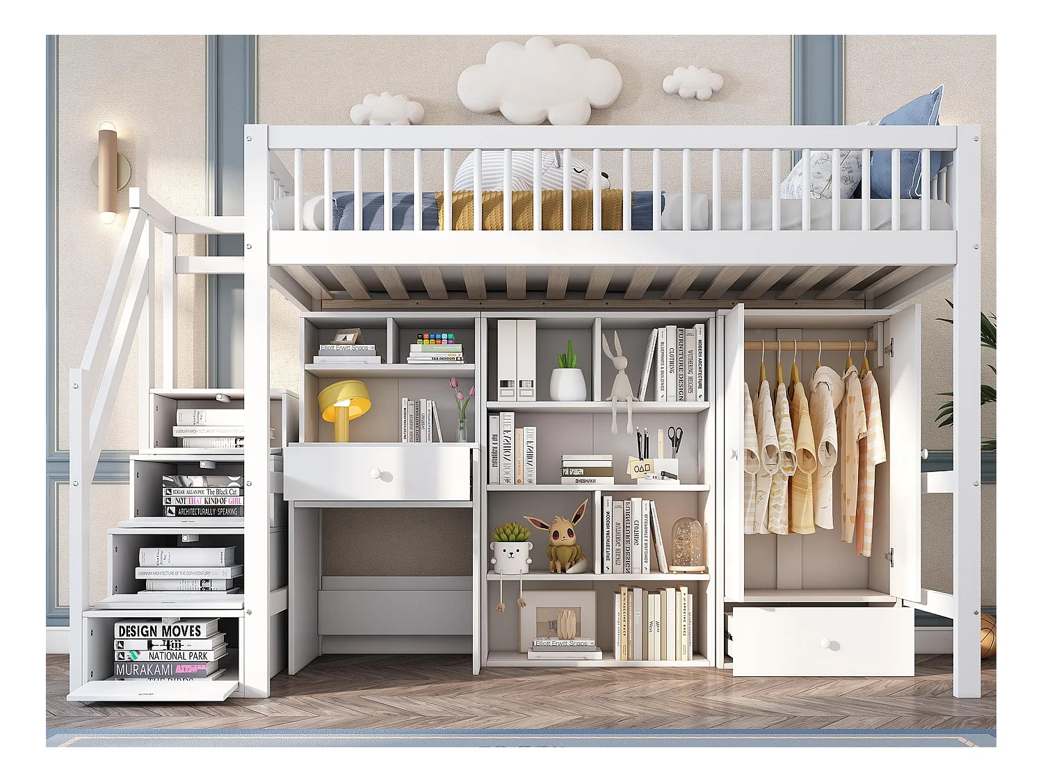 Lit mezzanine multifonctionnel en bois et MDF - 90x200 cm - avec escalier de rangement, bureau et armoire - Blanc(sans matelas)