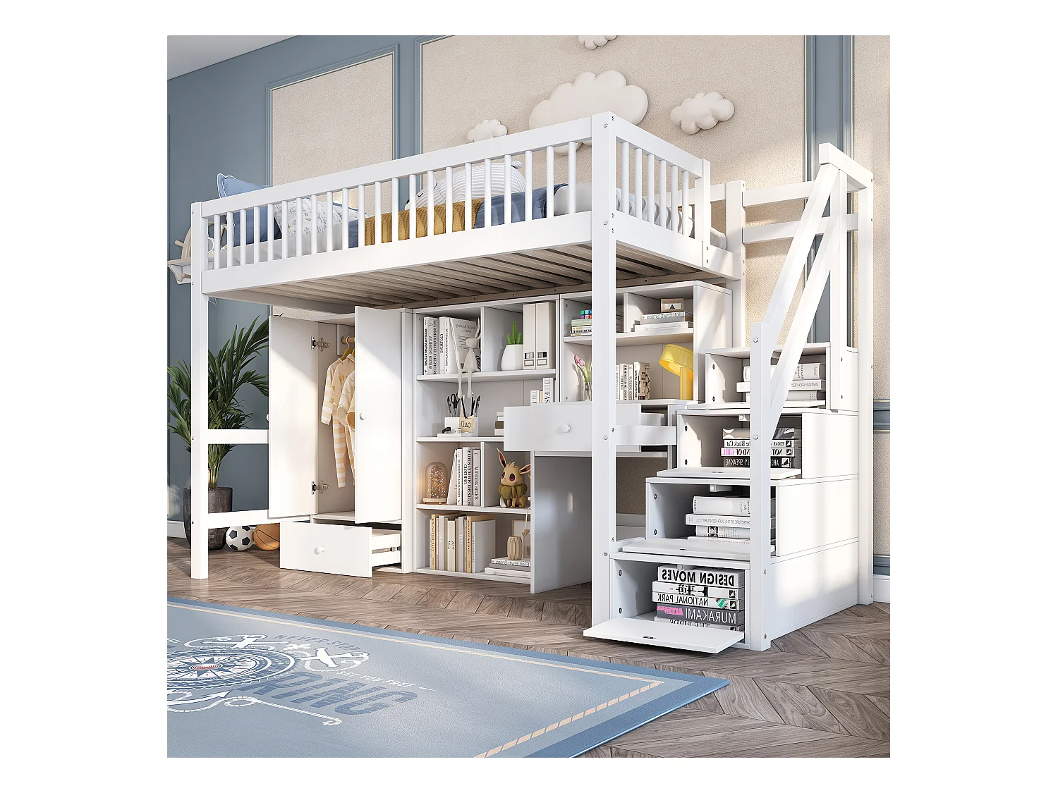 Letto soppalcato multifunzionale in legno e MDF - 90x200 cm - con scala portaoggetti, scrivania e armadio - Bianco (senza materasso)