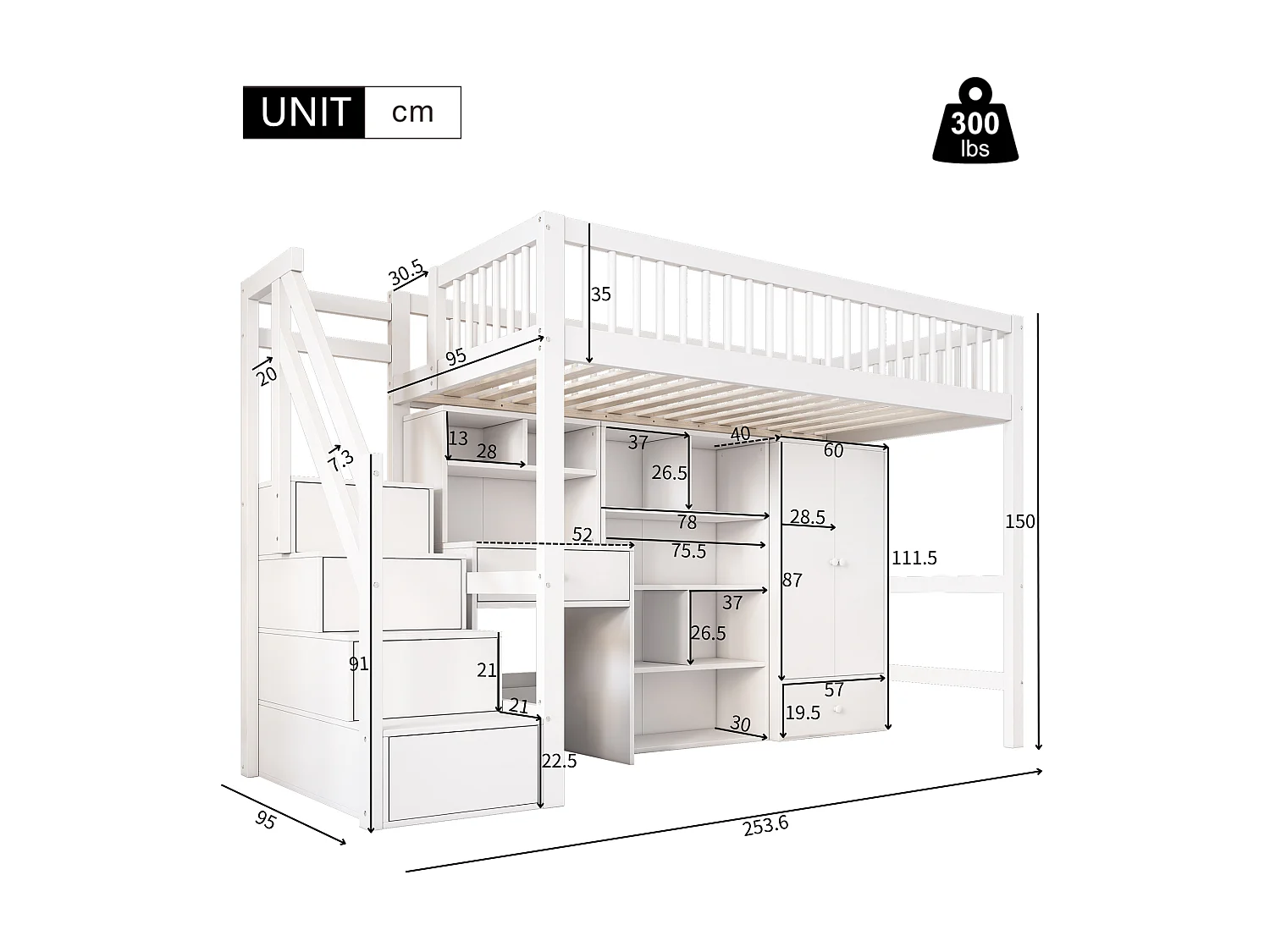 Letto soppalcato multifunzionale in legno e MDF - 90x200 cm - con scala portaoggetti, scrivania e armadio - Bianco (senza materasso)