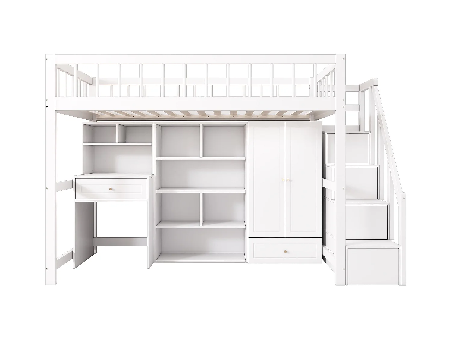 Letto soppalcato multifunzionale in legno e MDF - 90x200 cm - con scala portaoggetti, scrivania e armadio - Bianco (senza materasso)