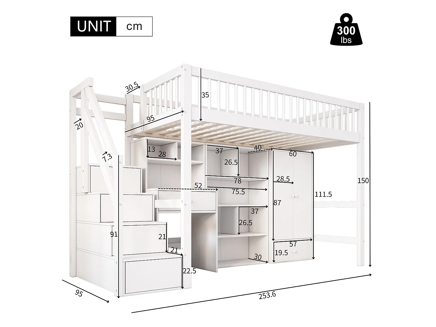 Multifunktionales Hochbett aus Holz und MDF – 90 x 200 cm – mit Stauraumtreppe, Schreibtisch und Kleiderschrank – Weiß (ohne Matratze)