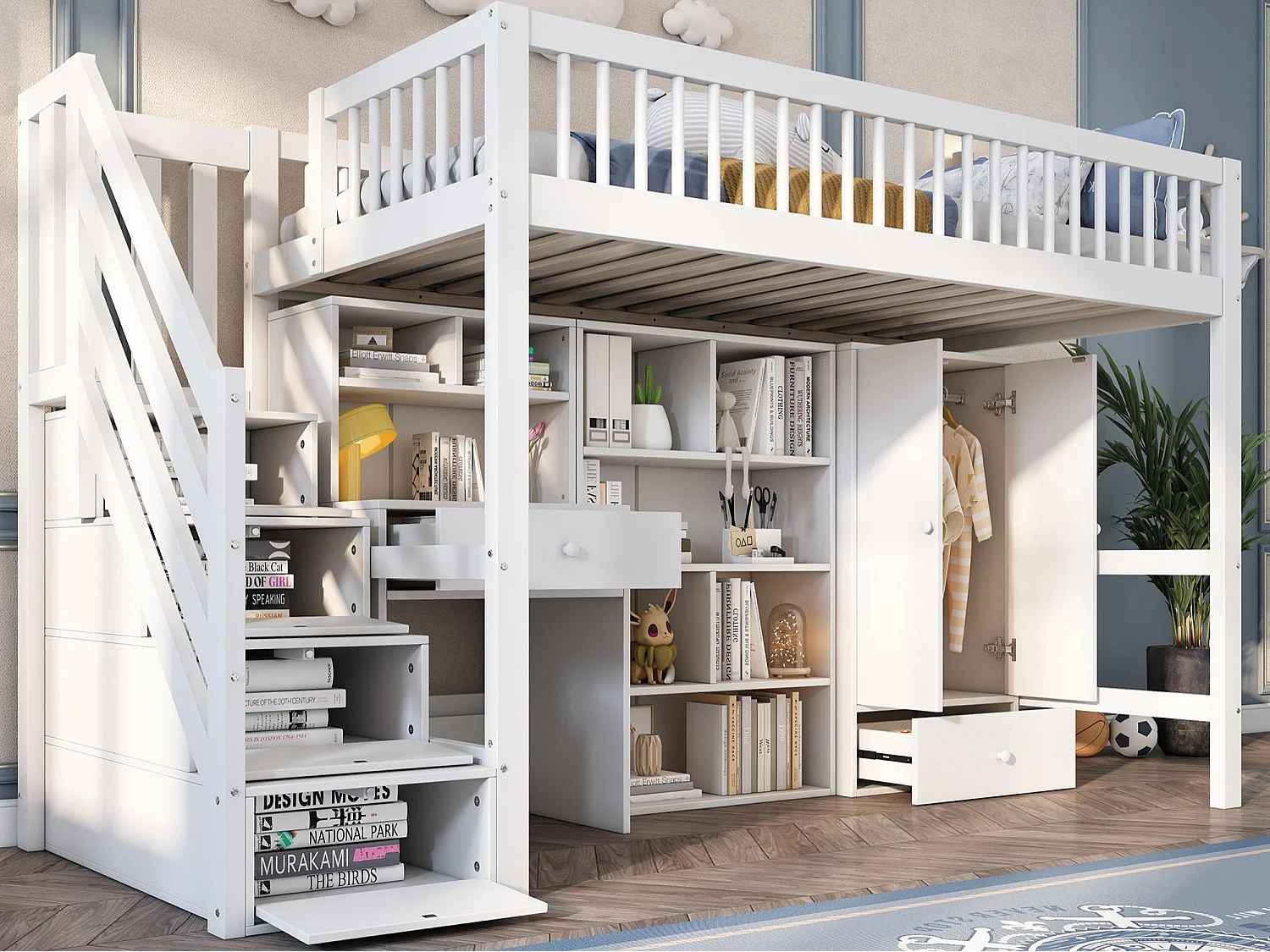 Lit mezzanine multifonctionnel en bois et MDF - 90x200 cm - avec escalier de rangement, bureau et armoire - Blanc(sans matelas)