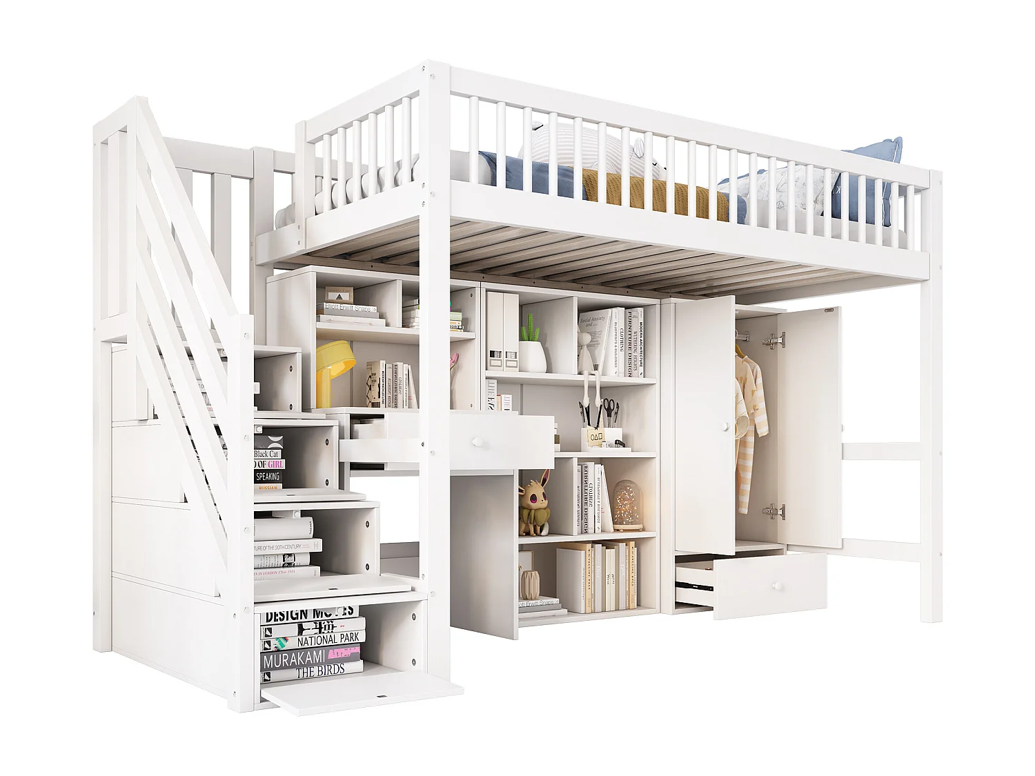 Lit mezzanine multifonctionnel en bois et MDF - 90x200 cm - avec escalier de rangement, bureau et armoire - Blanc(sans matelas)