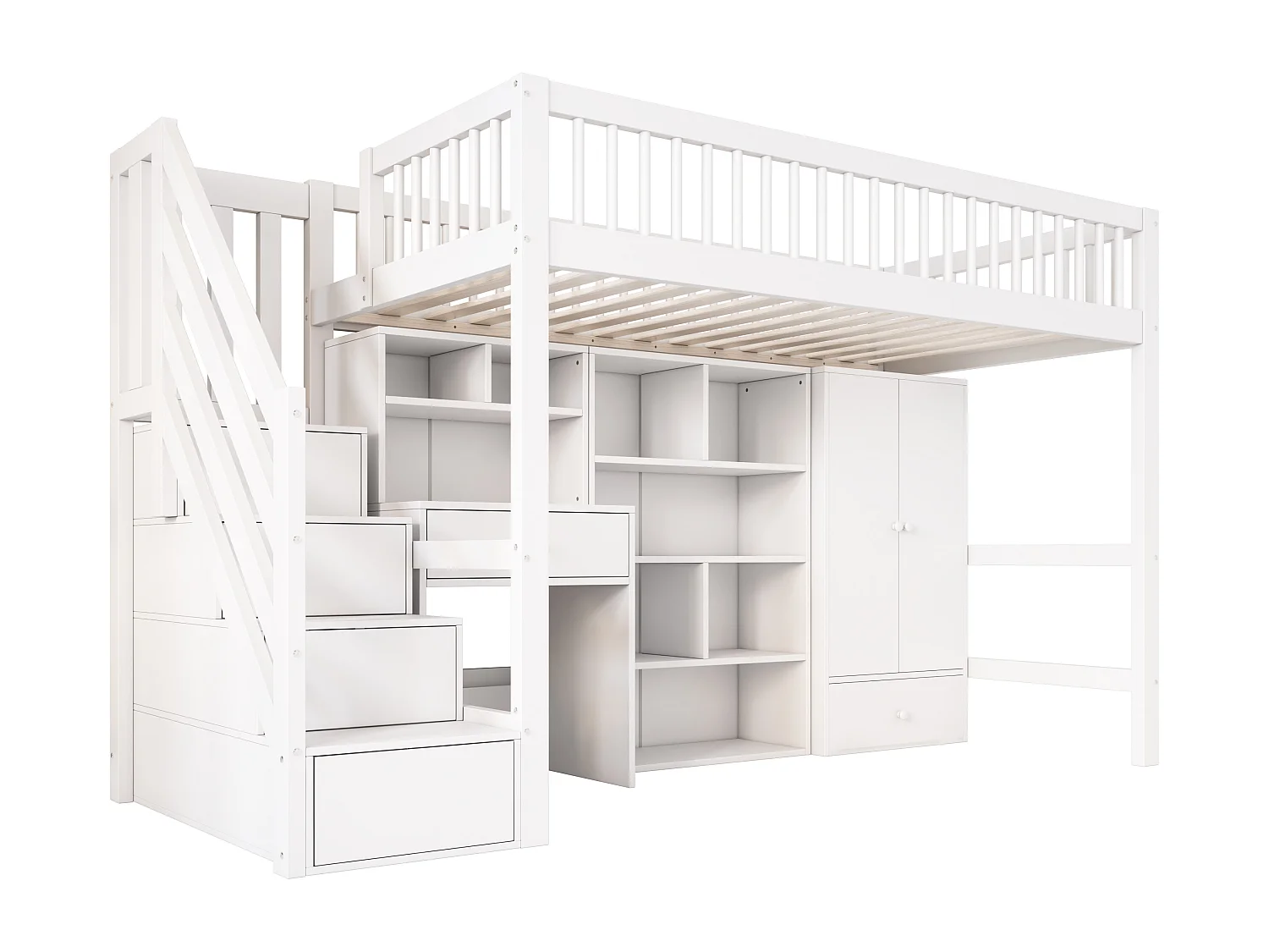 Multifunctioneel mezzaninebed in hout en MDF - 90x200 cm - met opbergtrap, bureau en kledingkast - Wit (zonder matras)