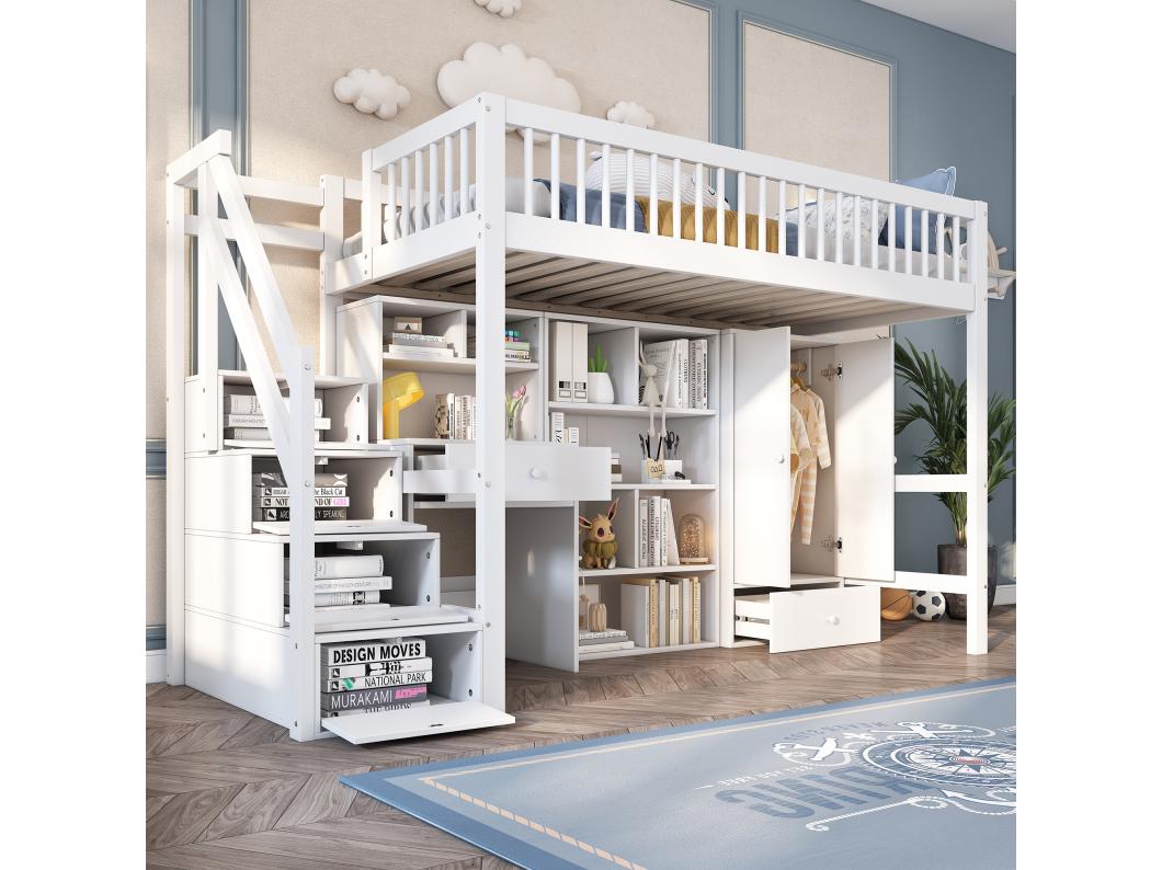 Multifunctioneel mezzaninebed in hout en MDF - 90x200 cm - met opbergtrap, bureau en kledingkast - Wit (zonder matras)
