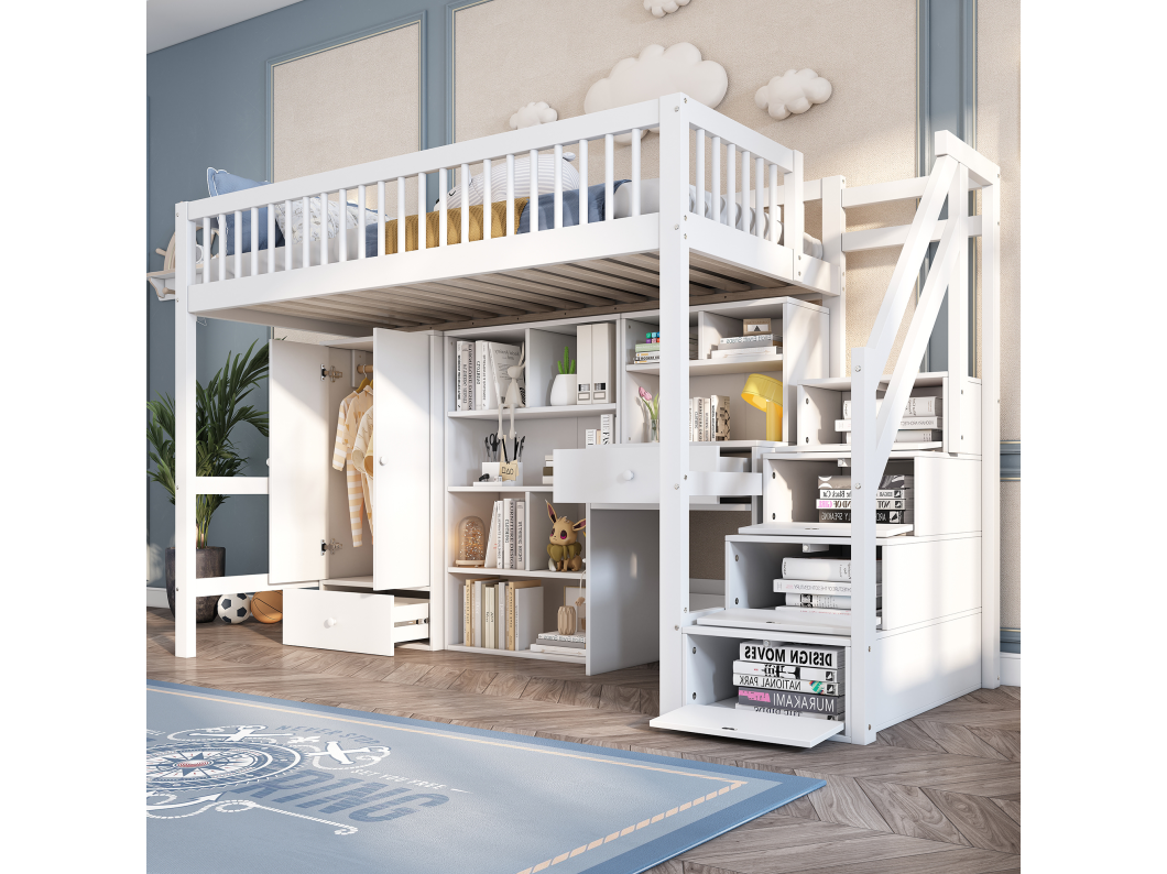Letto soppalcato multifunzionale in legno e MDF - 90x200 cm - con scala portaoggetti, scrivania e armadio - Bianco (senza materasso)